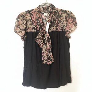 Anthropologie Floral Tie Neck Blouse Black Jersey Short Sleeve XS